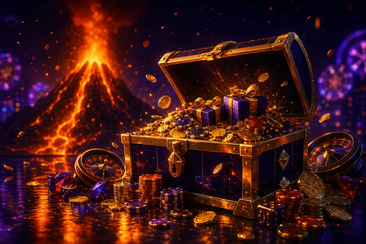 Skrzynia z monetami i darmowymi spinami w kasynie Vulkan Vegas